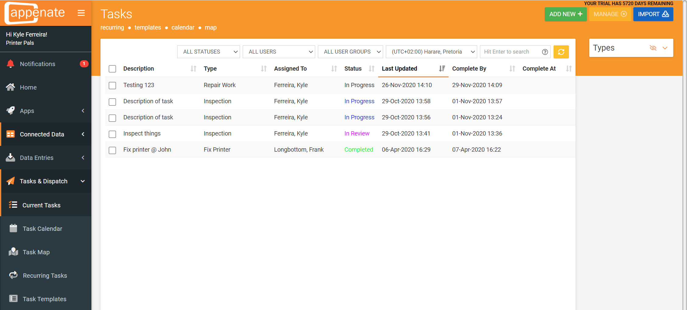 The task status view within the Appenate platform