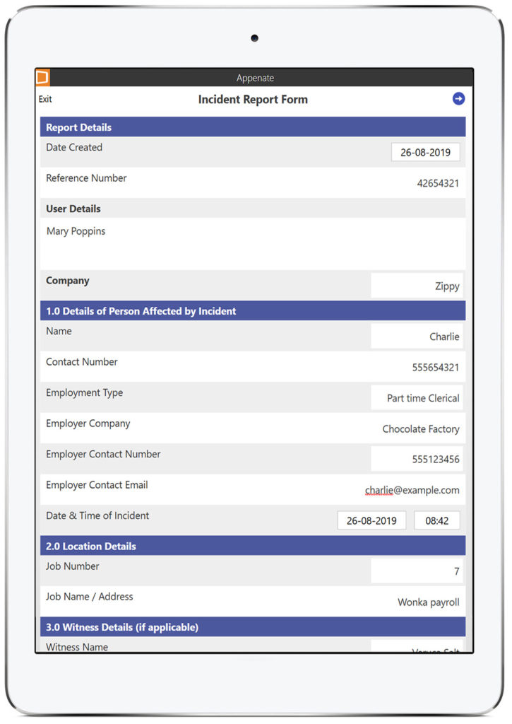 Tablet device displaying the Appenate custom Incident Report App