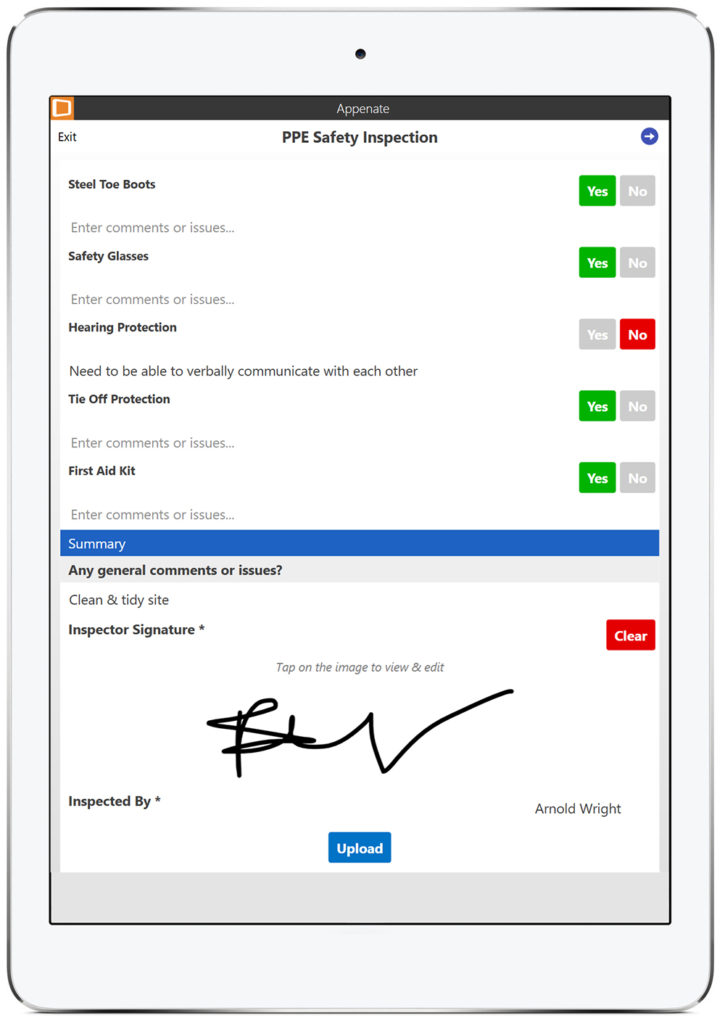 Tablet displaying the PPE Safety Inspection App