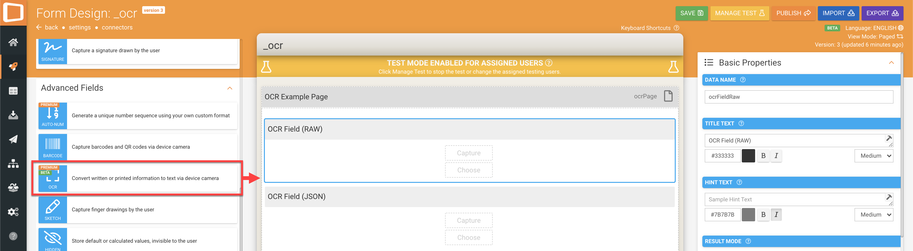 New OCR field on the Appenate mobile form builder