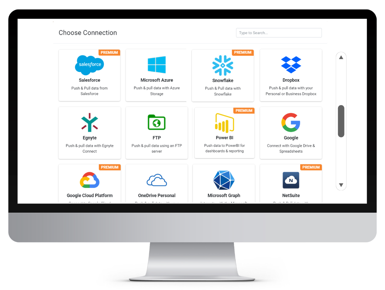 Integrations With Popular Software & More

Displaying apps like Salesforce, Microsoft Azure, Snowflake and PowerBI