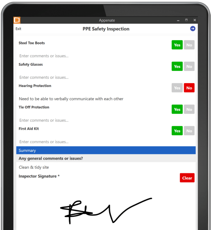 PPE Safety Inspection App Example on Tablet