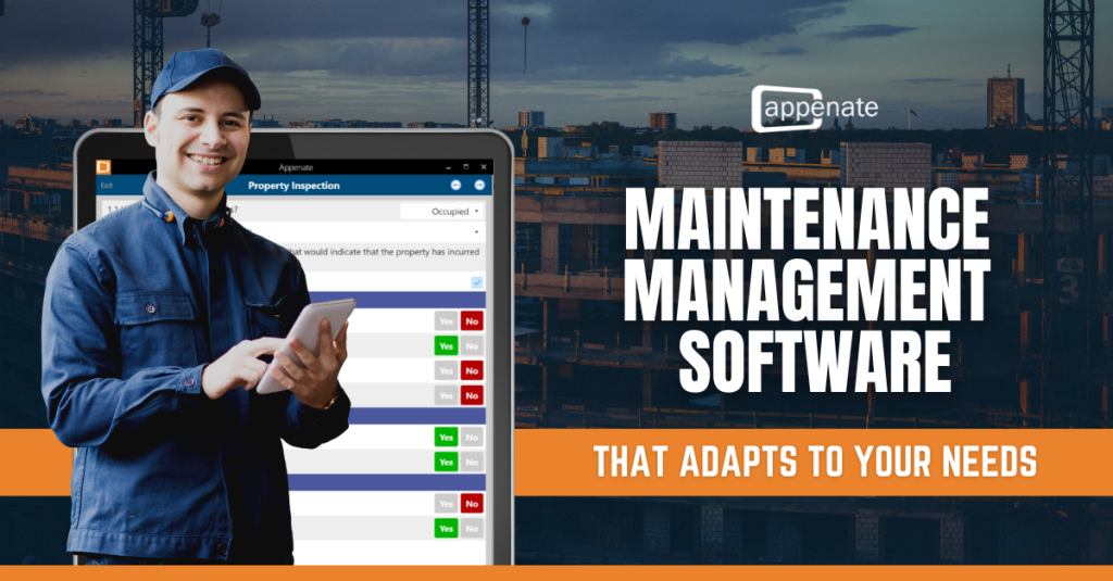 Blog post header for maintenance management system post - a man happily uses Appenate for maintenance applications