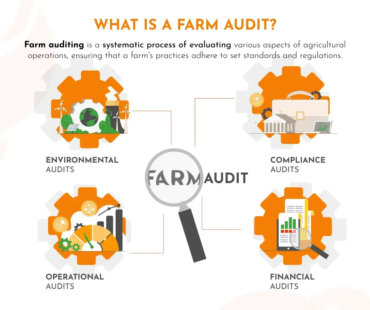A poster explaining what is a farm audit and its main types.