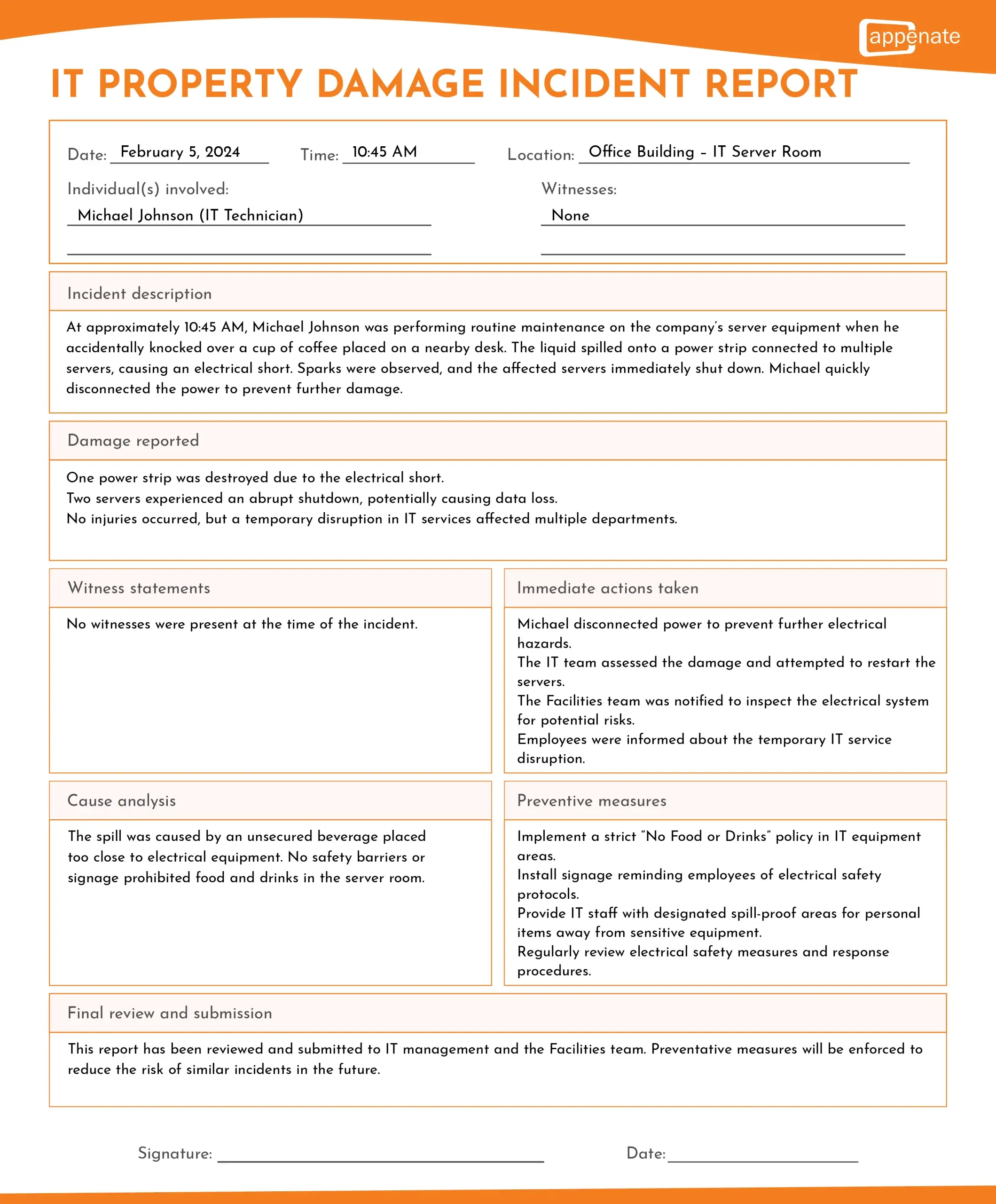 An example of an incident report describing IT property damage.