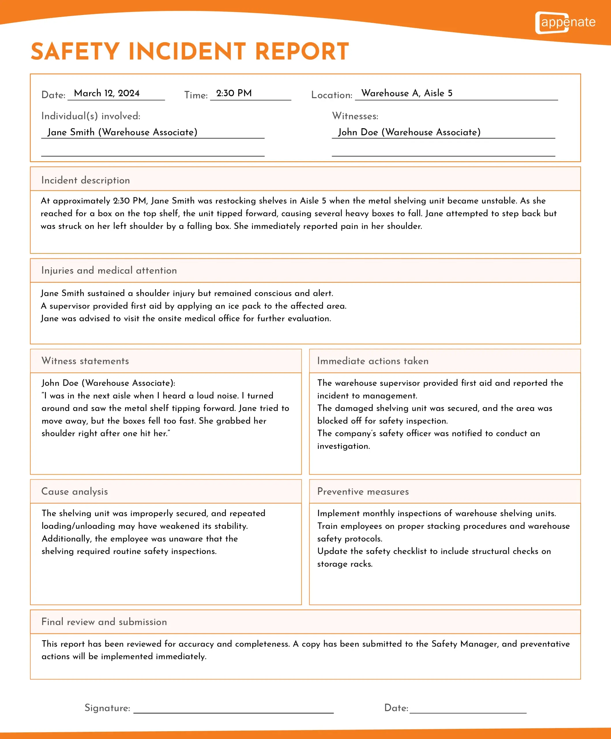 An example of a workplace safety incident report.