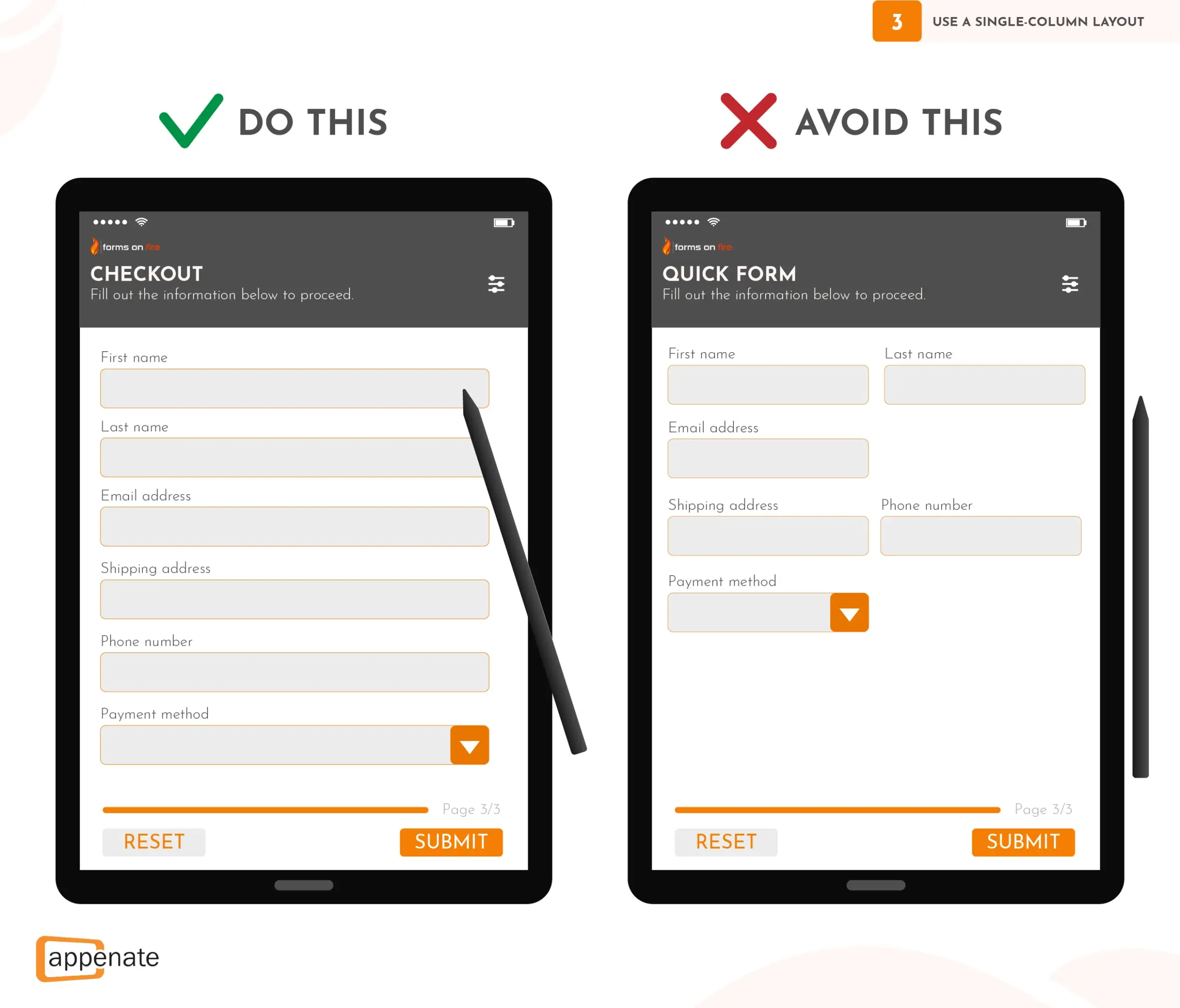 Example of using a single-column layout in mobile form design.