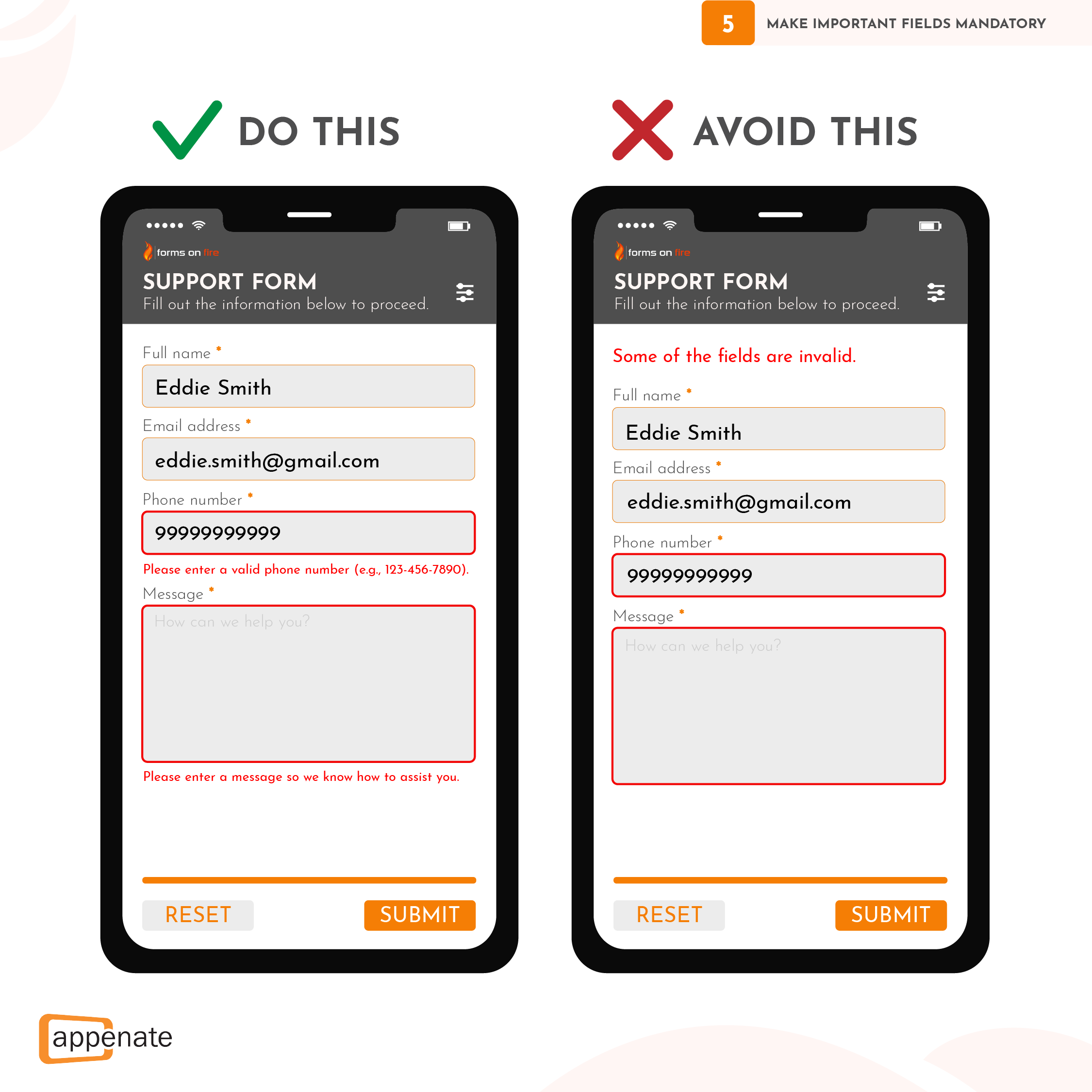 An example of how to mark mandatory fields and properly show error messages when creating mobile forms.