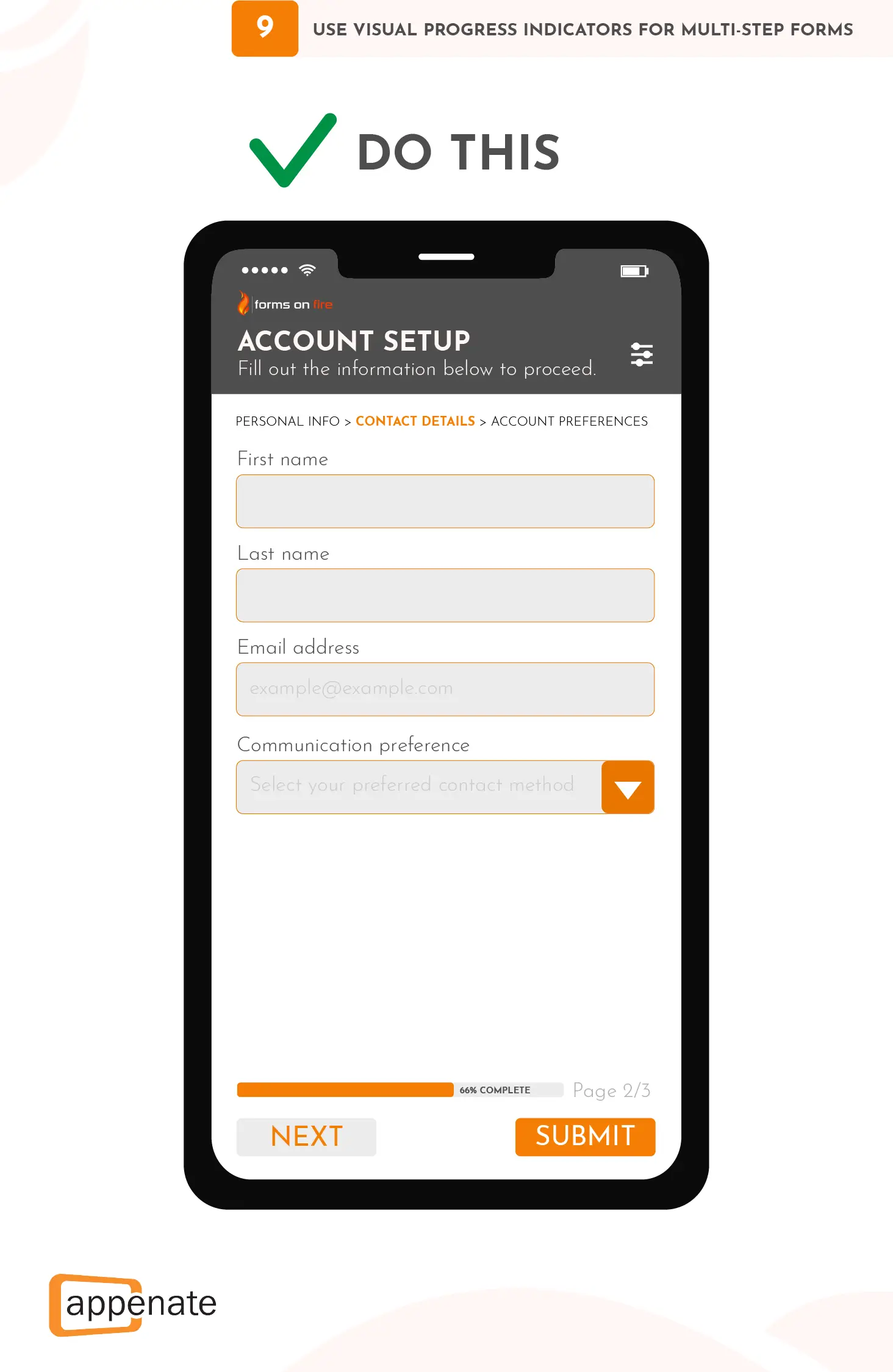 An example of different visual indicators that can be used for multi-step forms.