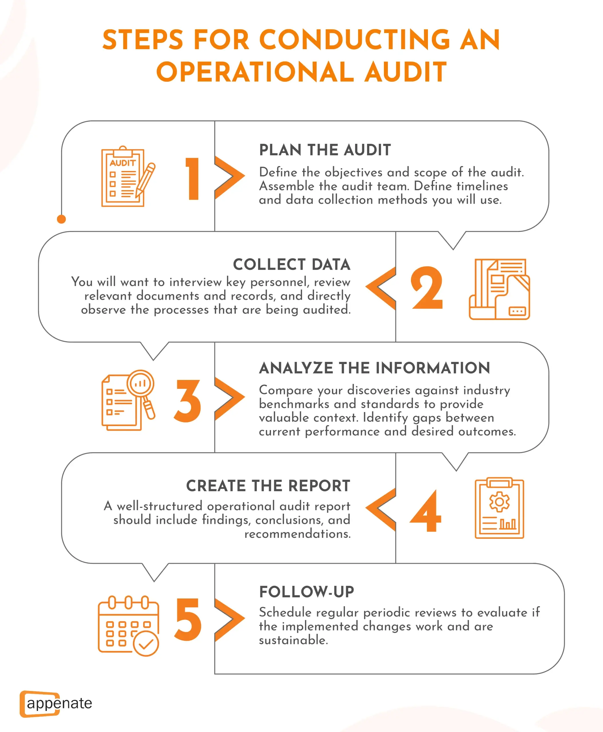 A diagram outlining steps of a typical operational audit process.