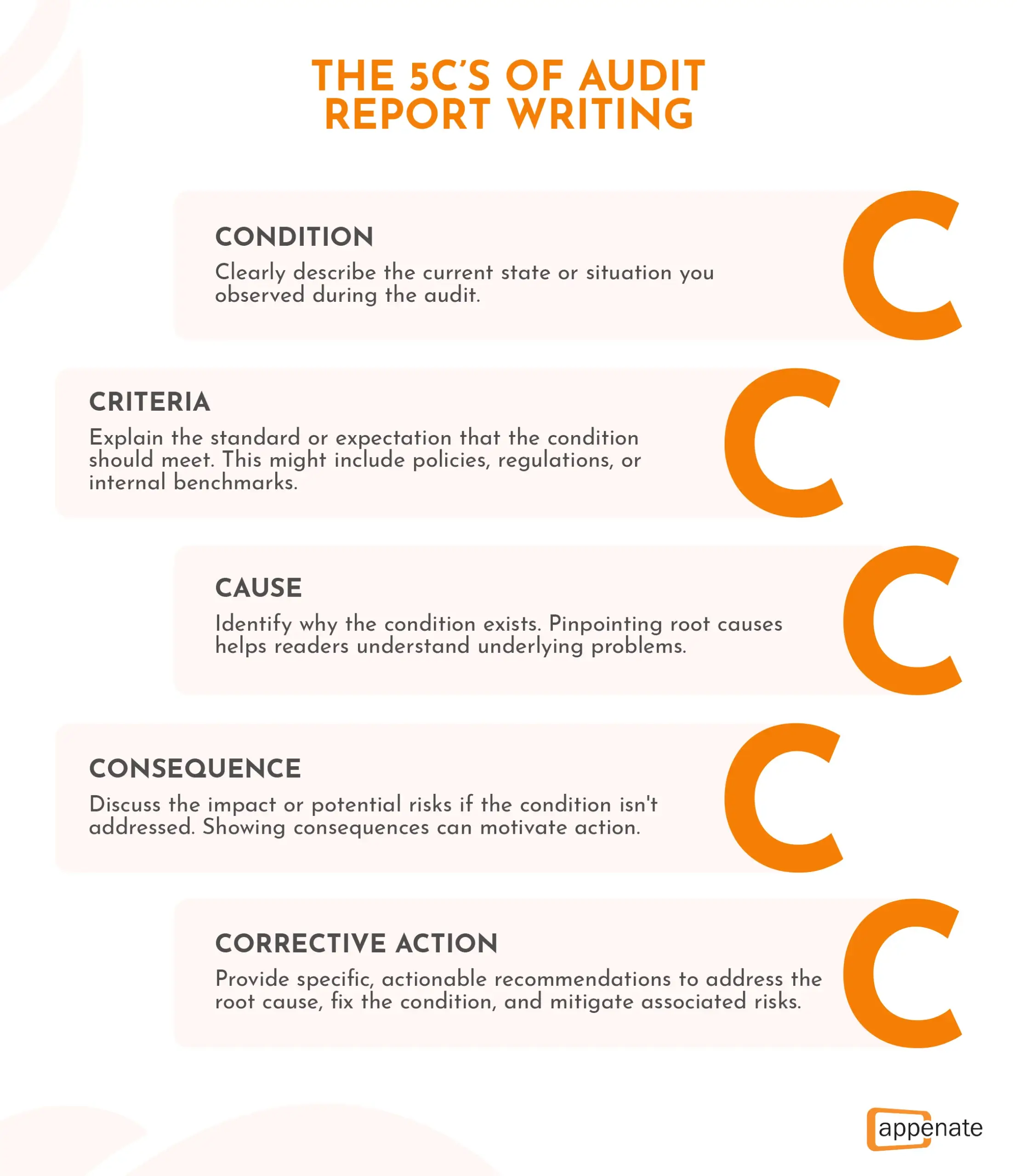 A poster showing the 5 C's of audit report writing.