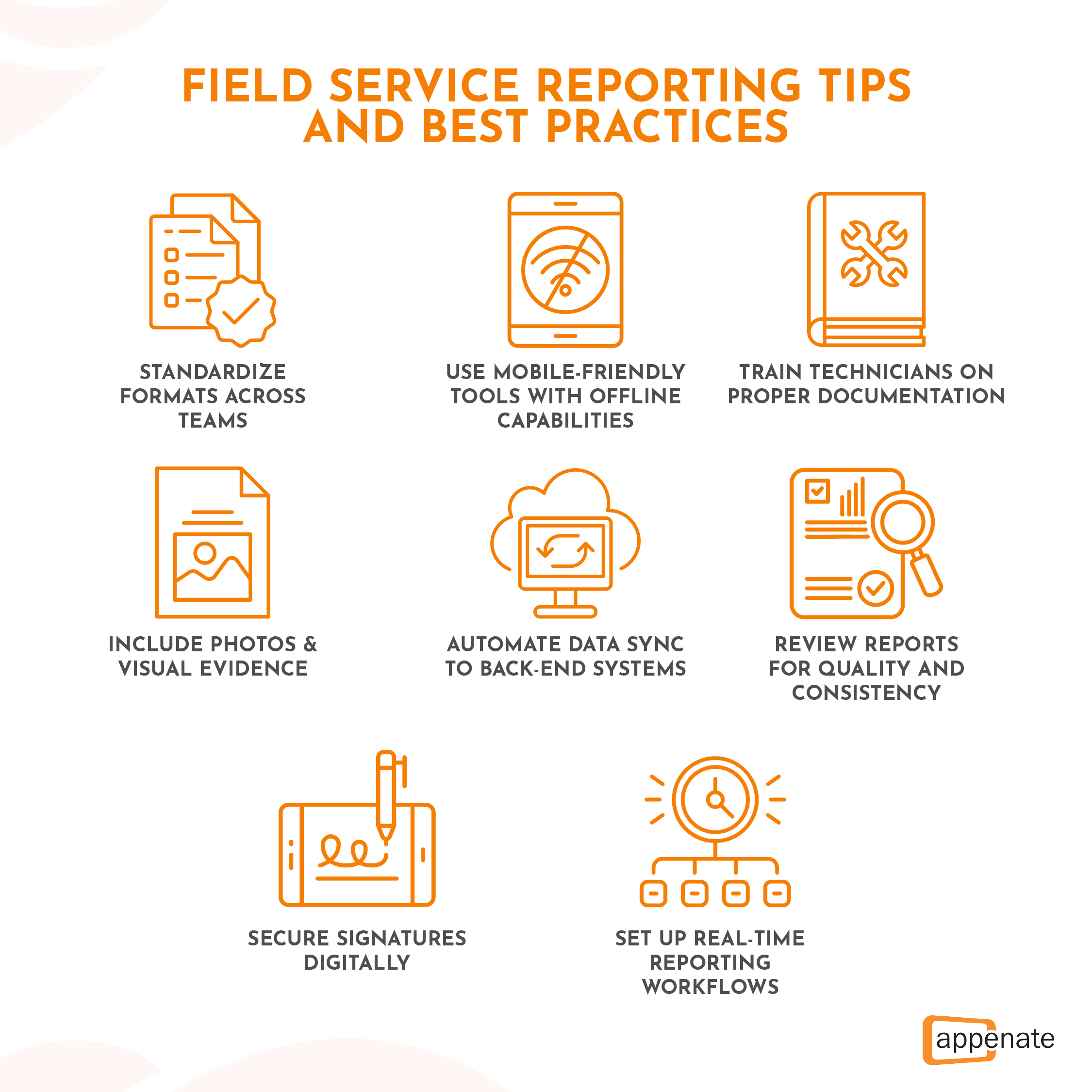 A graphic listing field service reporting tips and best practices.