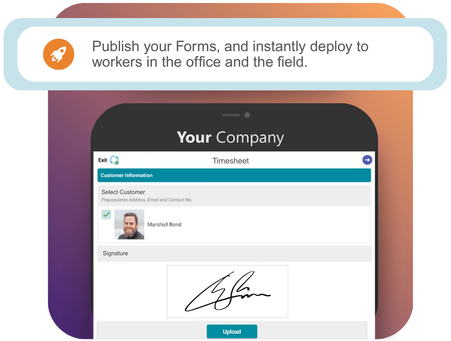 Published AI Apps Instantly deploy your AI-generated forms to your team in the field. Image shows a completed timesheet with a digital signature on the Appenate mobile app.