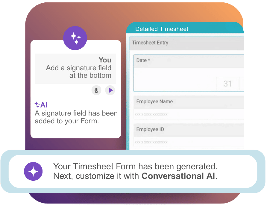 Appenate AI Conversational AI A user easily edits an AI-generated form by telling Appenate's Conversational AI to 'add a signature field,' showing how simple it is to customize forms.