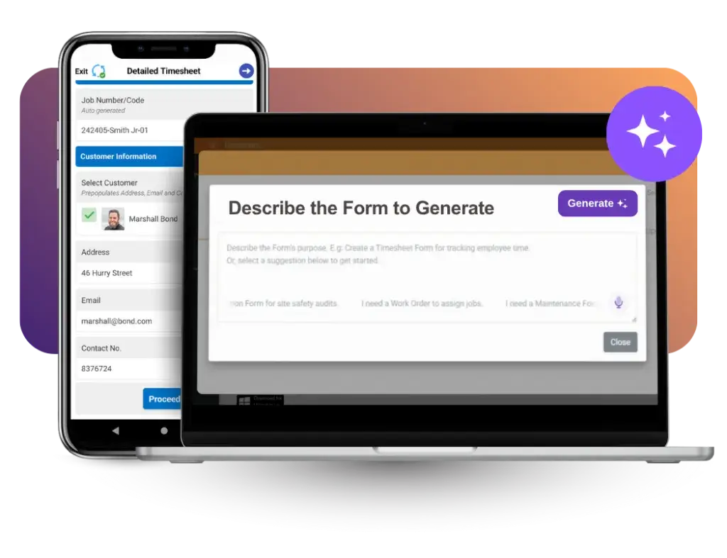 A laptop displaying the Appenate AI Form Generator interface, where a user can describe a form to generate, next to a smartphone showing a completed digital timesheet app
