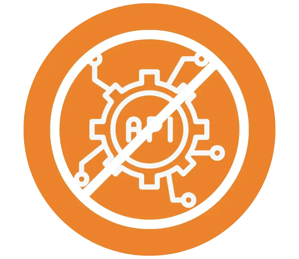 An icon with "API" crossed out, representing Appenate as a true no-code platform that doesn't require coding knowledge to build apps.
