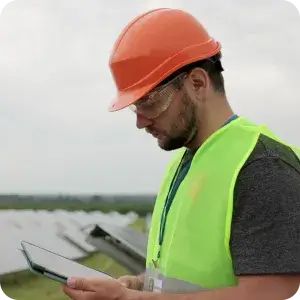 field technician wearing safety gear uses mobile inspection software on a tablet, demonstrating how digital tools streamline site inspections and data collection in the field