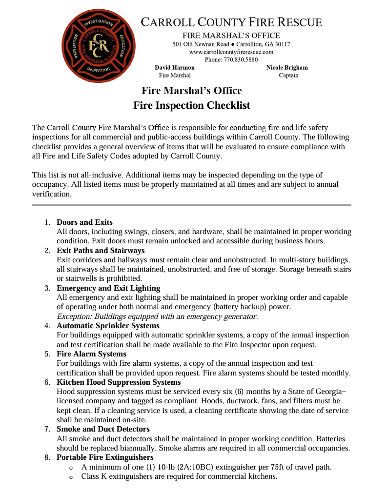 Fire inspection checklist from Carroll County Fire Rescue.