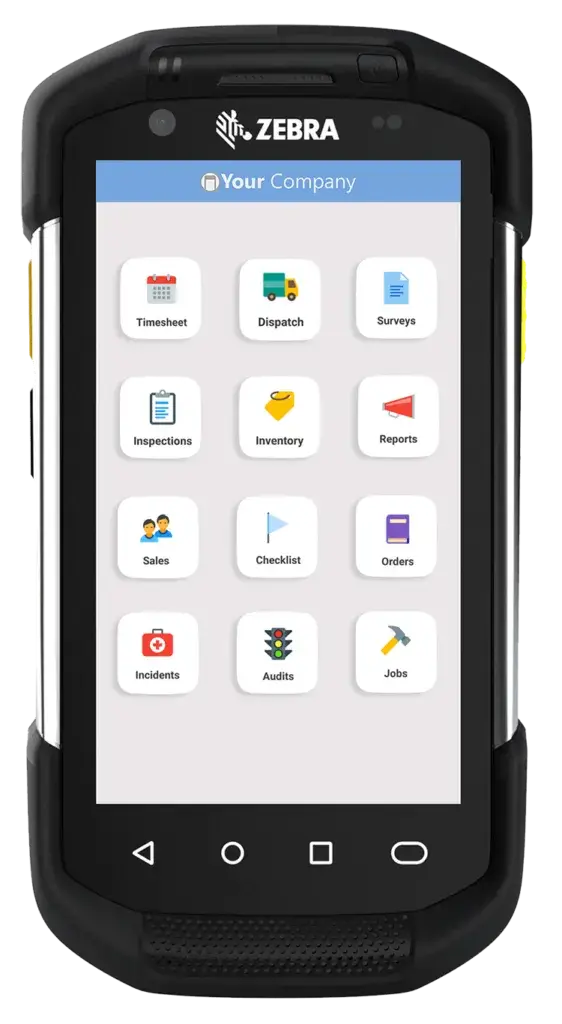 A rugged Zebra vehicle-mounted tablet displaying a white-labeled mobile inspection app with a checklist for warehouse or industrial use.