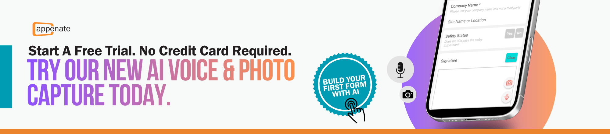 Appenate call to action banner inviting users to start a free trial of new AI voice and photo capture tools to build mobile forms.