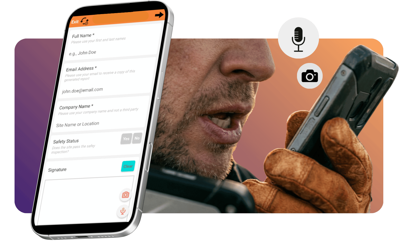 A professional graphic highlighting Appenate’s AI-powered Voice Fill and Photo Fill features for automated, context-aware field data entry.