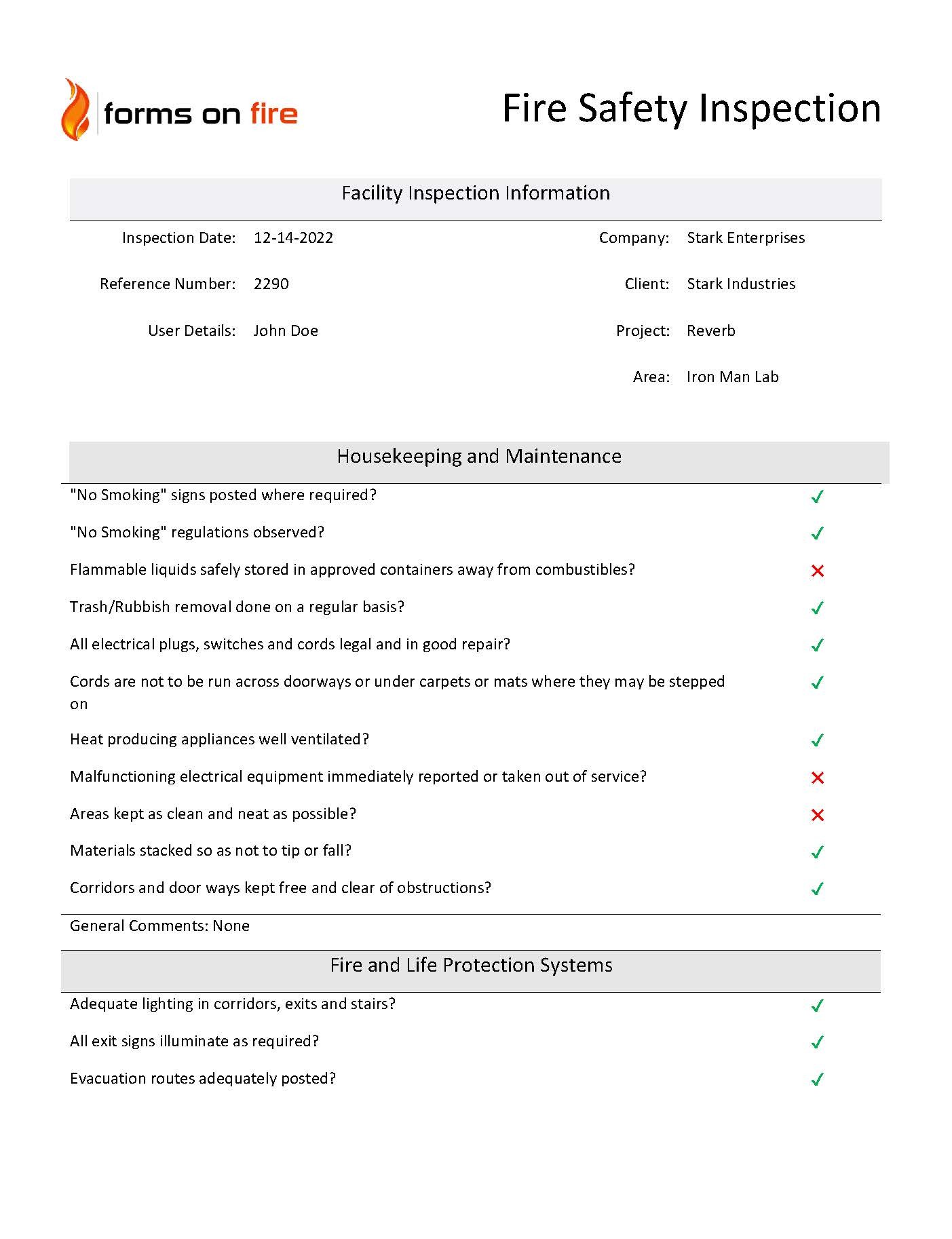 Fire safety inspection report example.