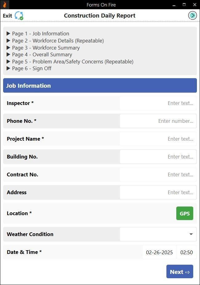 A sample construction daily report template built using Appenate.