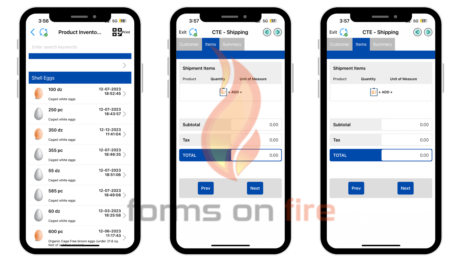Screenshot examples of Appenate's traceability apps for poultry farm management software. From left to right: product inventory, incoming shipments, and receiving shipments.