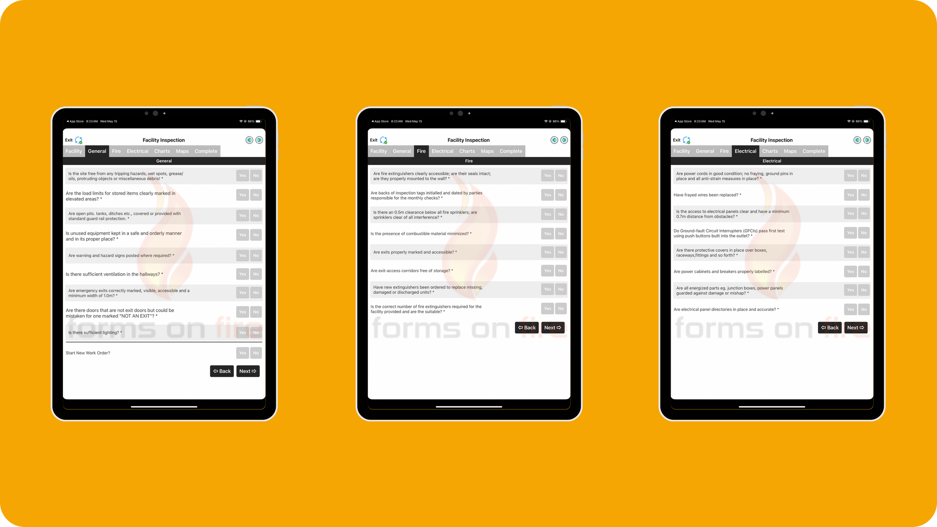 Screenshot examples of a facility inspection checklist template preloaded to the Appenate app