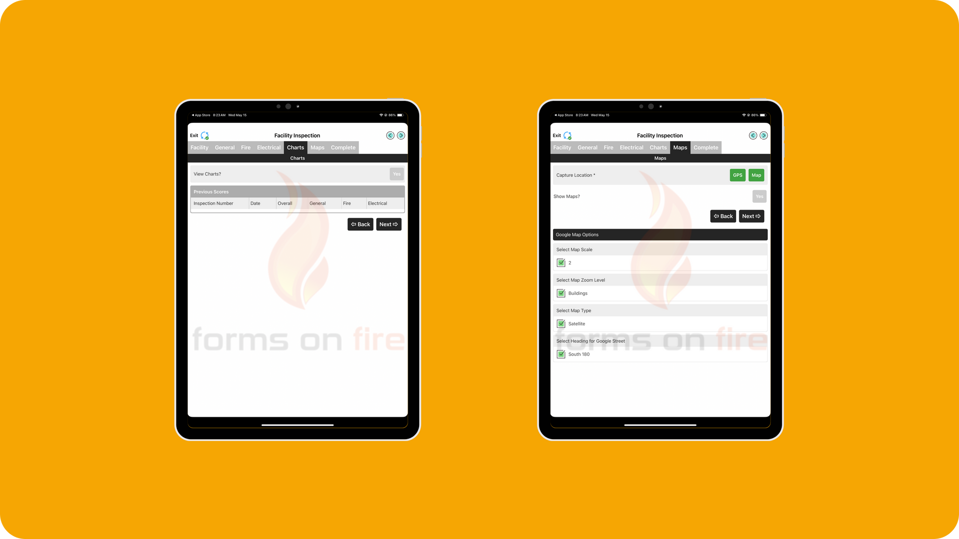 Screenshot examples of a facility inspection checklist template preloaded to the Appenate app