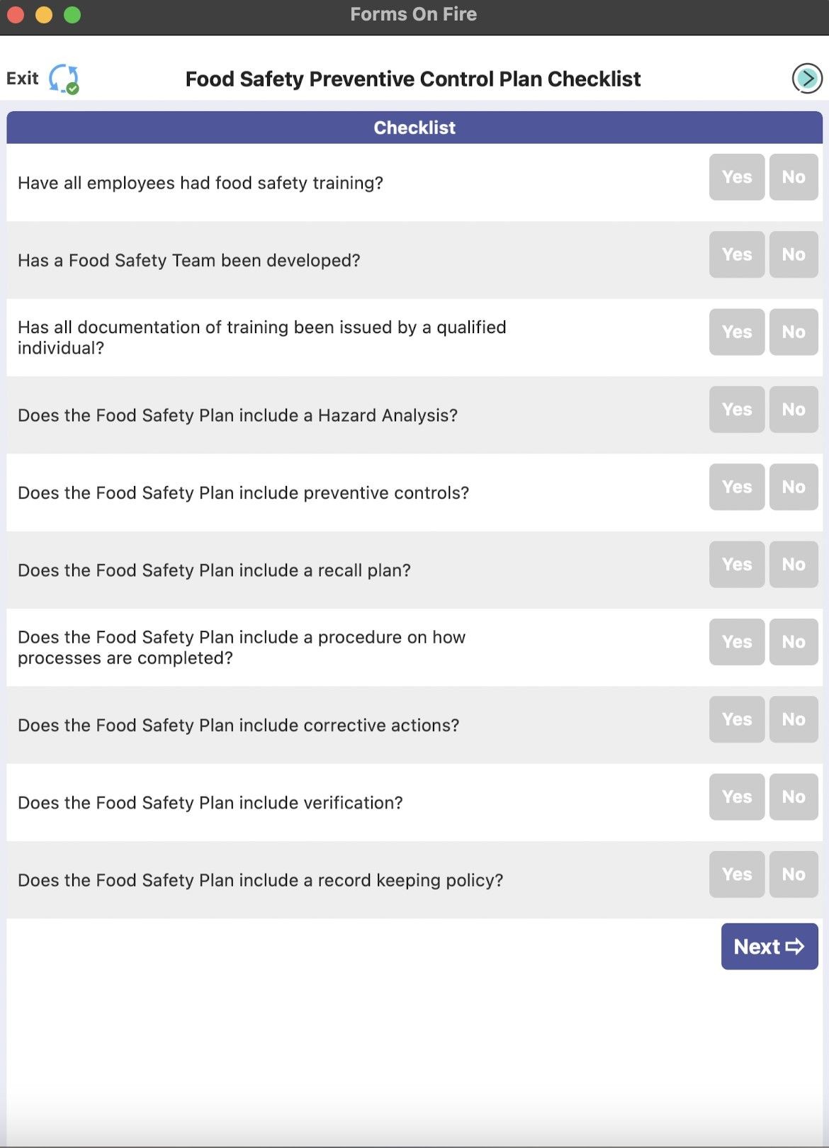Food safety checklist form template