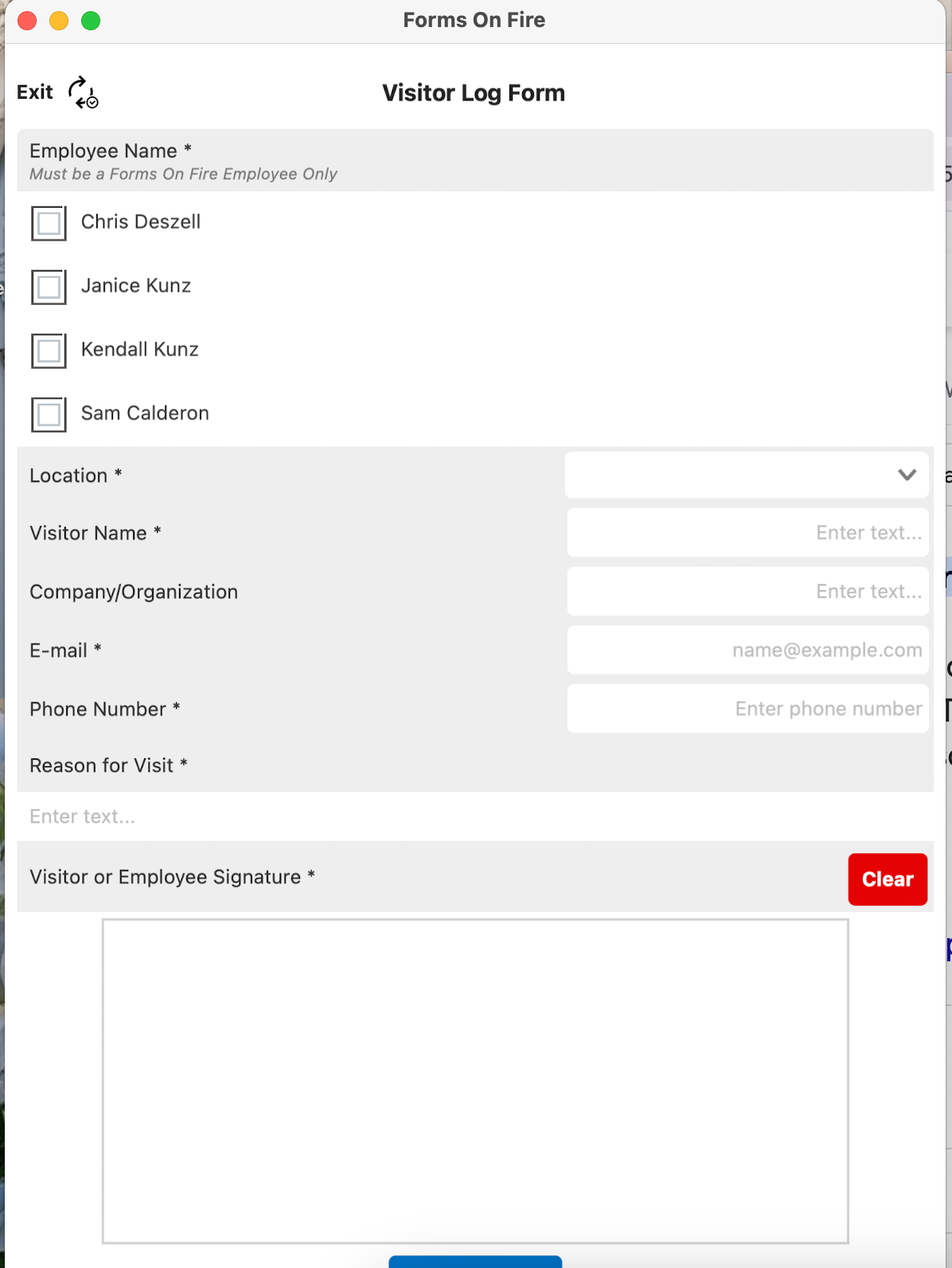 A screenshot of a visitor log template built using the Appenate platform.