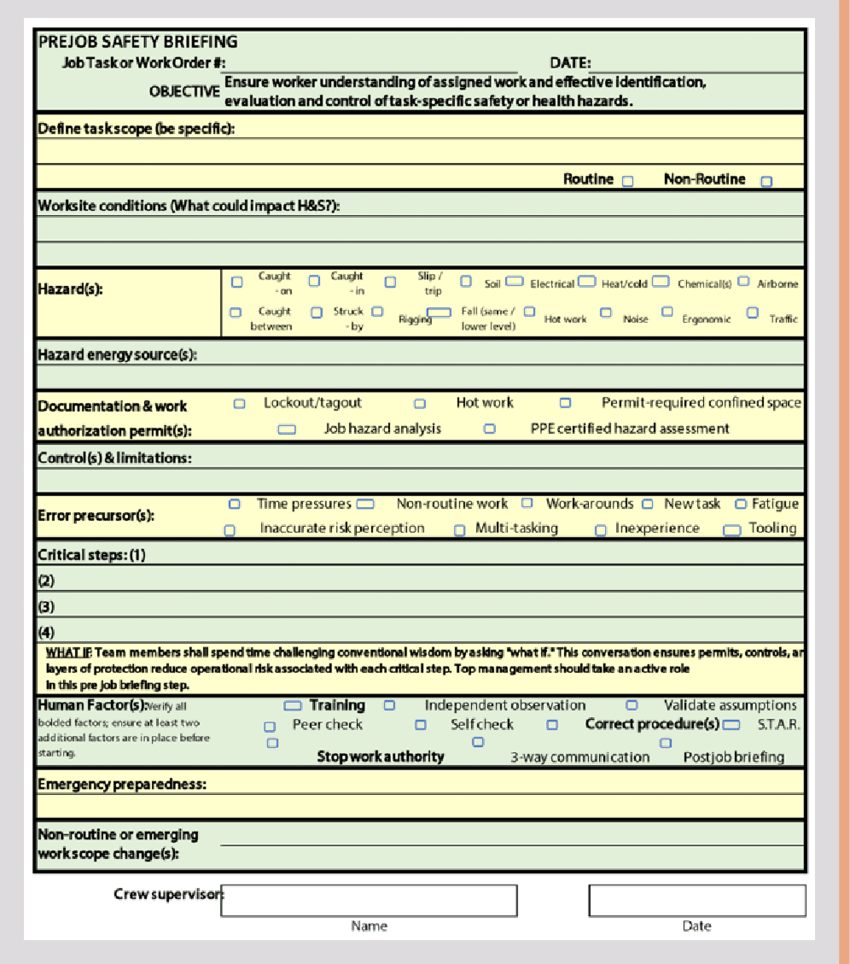 Job briefing form example.