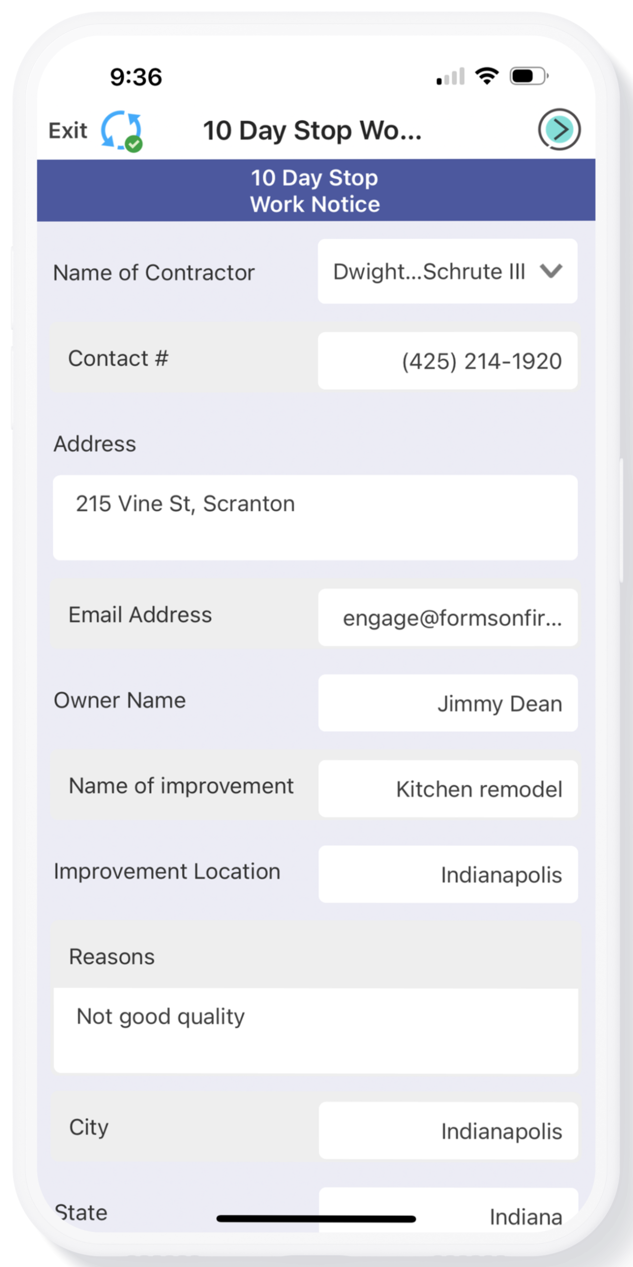 A mobile phone with a 10 Day Stop Work Notice eForm from Appenate.