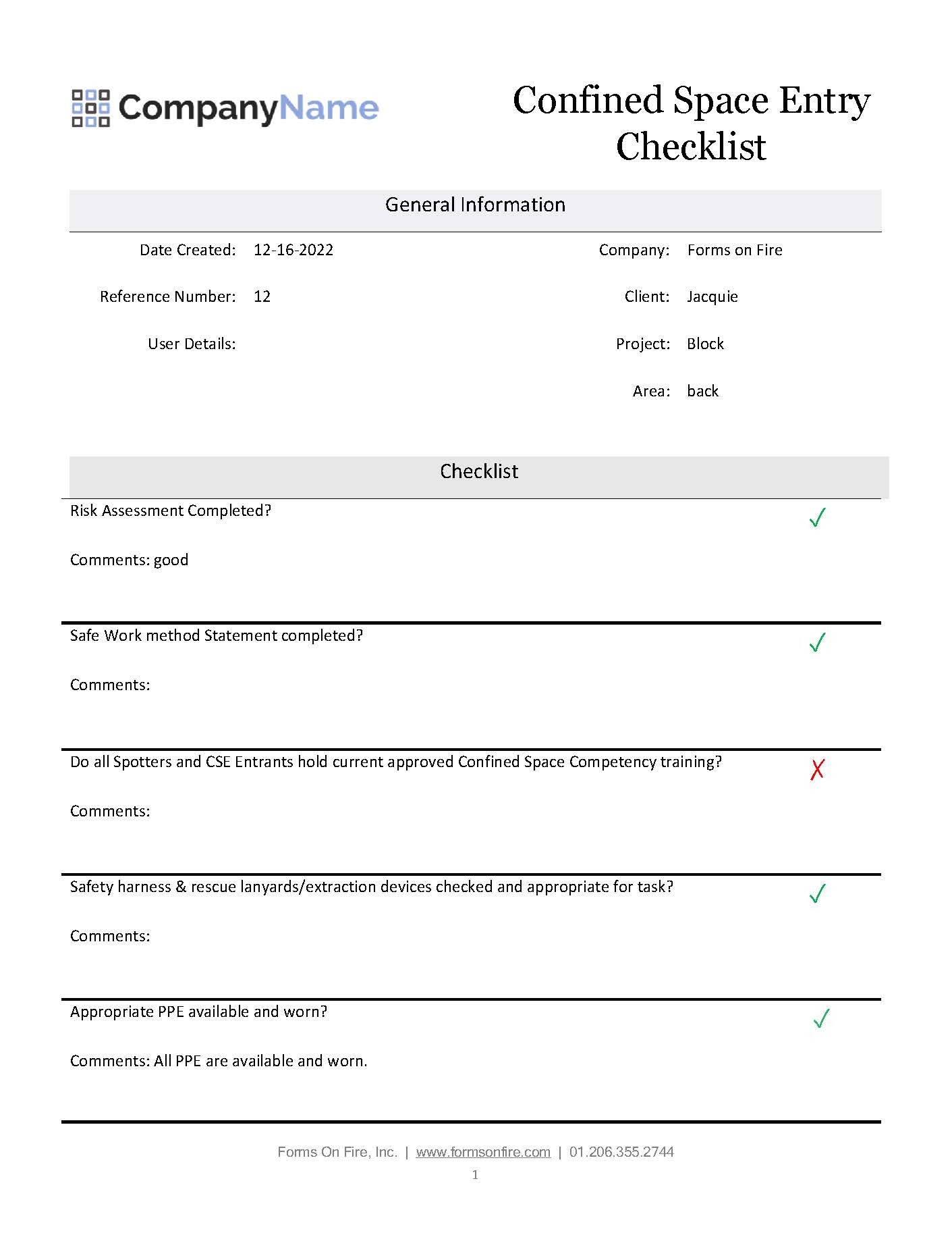 Snapshot of a confined space entry checklist report.