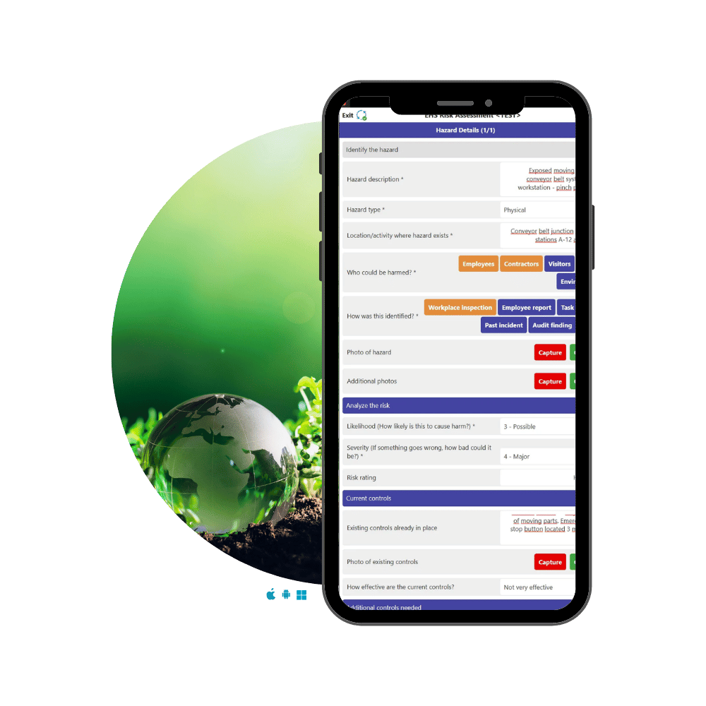 Appenate EHS Risk Assessment form displayed on a mobile phone, showing hazard details including hazard description, type, location, and risk analysis fields, set against a green nature background with a glass globe.