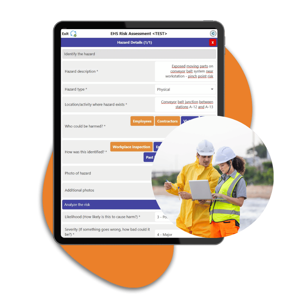 Appenate EHS Risk Assessment form displayed on a tablet, showing hazard identification and risk analysis fields, alongside a circular photo of two workers in hard hats and safety vests on a job site.