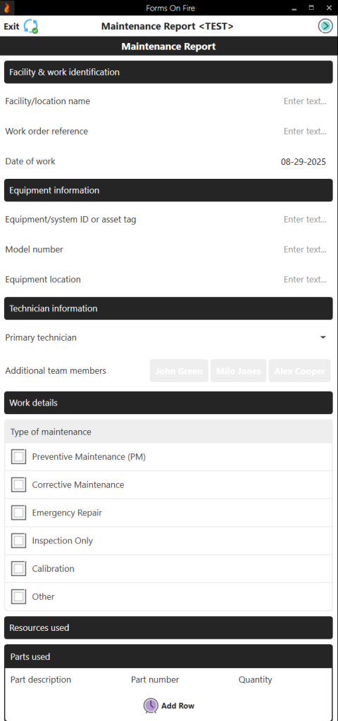 Screenshot of the Appenate Maintenance report form - screen 1