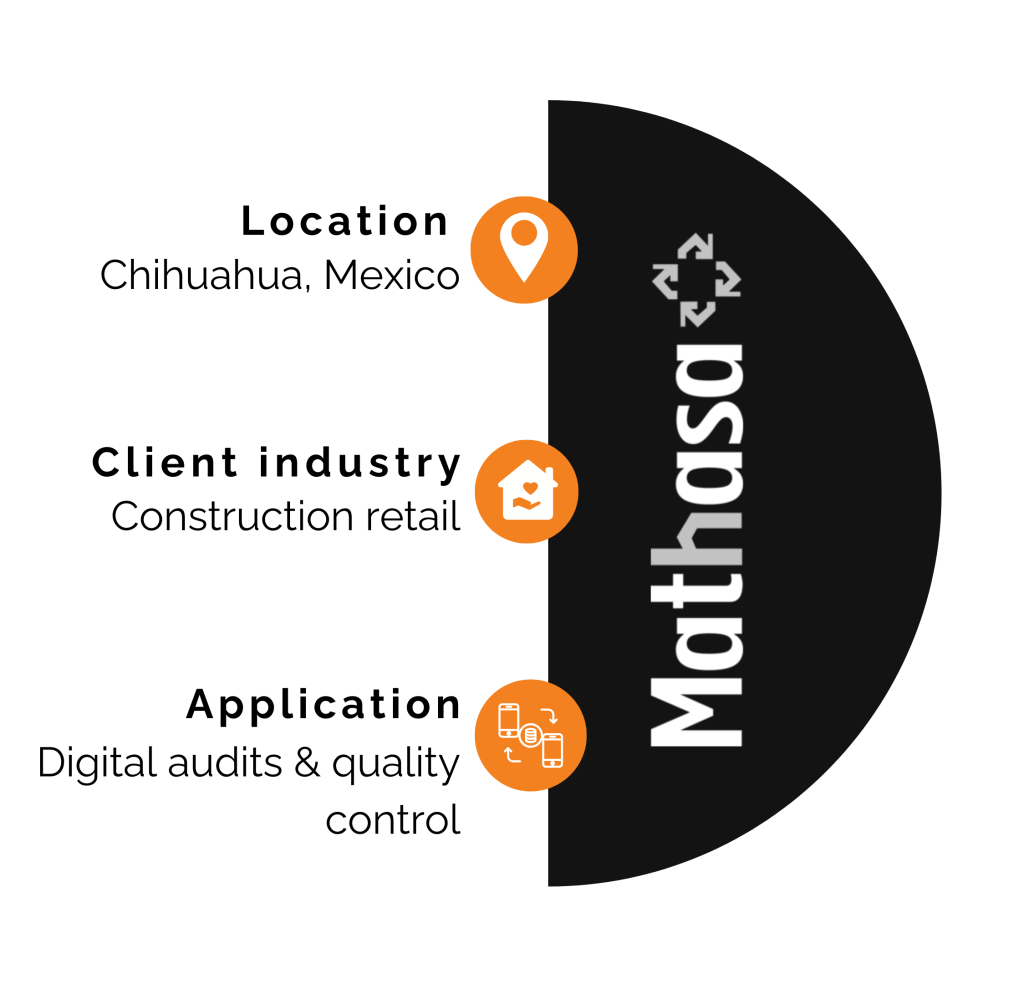 An infographic for the Grupo Mathasa case study featuring a black semicircle with the Mathasa logo. Three orange icon-labelled data points are listed along the left edge: Location (Chihuahua, Mexico) with a map pin icon, Client Industry (Construction retail) with a home icon, and Application (Digital audits & quality control) with a mobile sync icon.