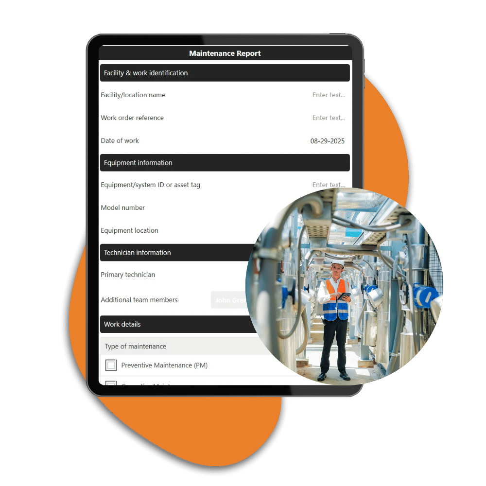 Appenate Maintenance Report form displayed on a tablet, showing facility and work identification, equipment information, technician details, and maintenance type fields, alongside a circular photo of a technician in a hard hat and hi-vis vest holding a tablet inside an industrial facility.
