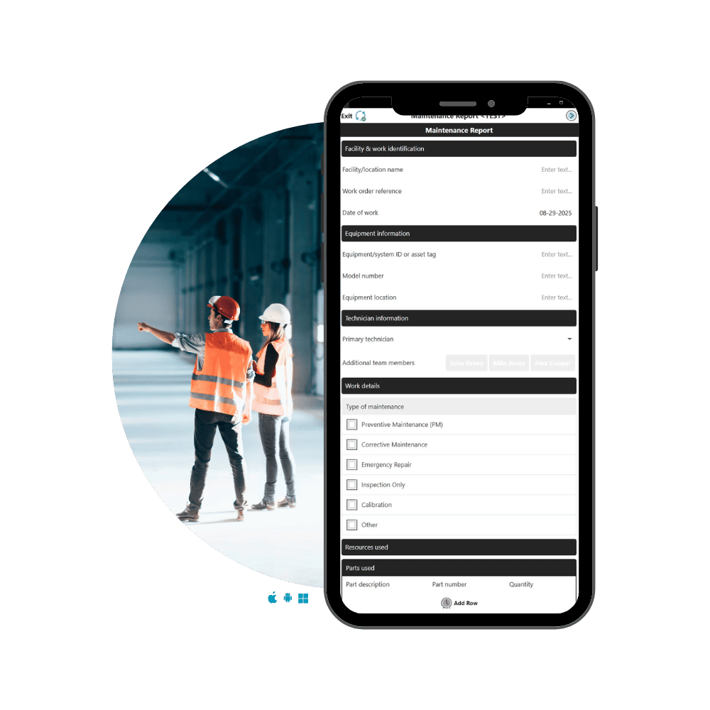 Appenate Maintenance Report form displayed on a mobile phone, showing facility details, equipment information, technician fields, and maintenance type checkboxes including preventive, corrective, and emergency options, alongside two workers in hard hats and orange hi-vis vests inspecting a warehouse facility.