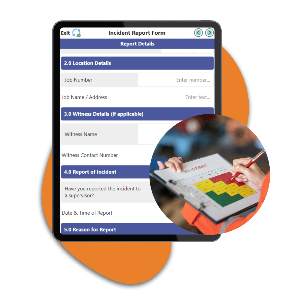 Appenate Incident Report Form displayed on a tablet, showing location details, witness details, and incident report sections, alongside a circular photo of a worker in a hi-vis vest completing a paper risk assessment matrix.
