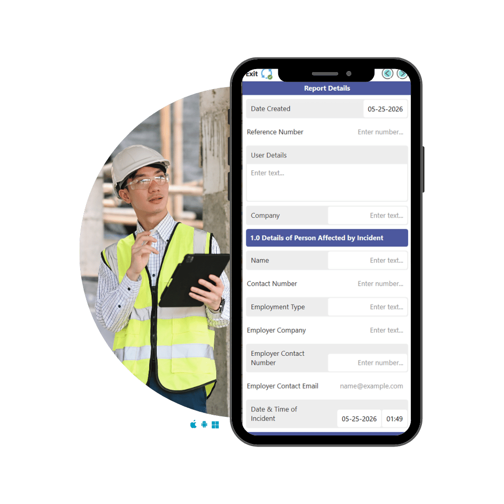 ppenate Incident Report Form displayed on a mobile phone, showing report details and details of the person affected by the incident, alongside a male worker in a hard hat and hi-vis vest holding a tablet at a construction site.