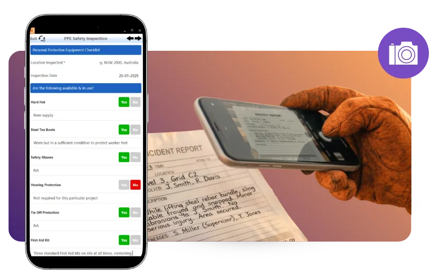Field worker photographing a handwritten incident report with a mobile device, with Appenate AI Photo Fill automatically populating a PPE Safety Inspection form on screen