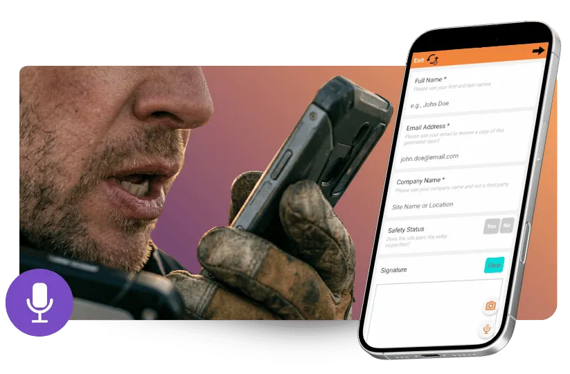 Field worker in heavy gloves speaking into a rugged mobile device to voice-fill a safety inspection form using Appenate AI Voice Fill