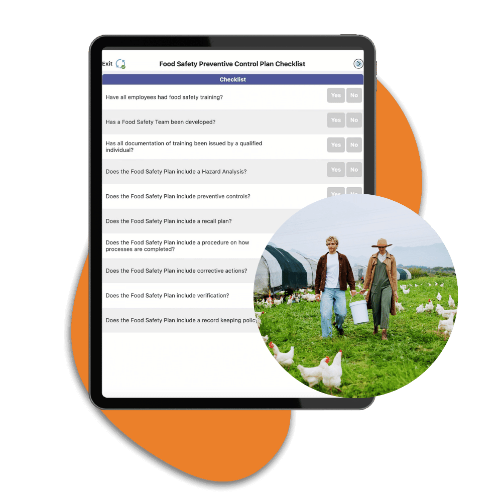 Appenate Food Safety Preventive Control Plan checklist displayed on a tablet with Yes/No response fields, alongside a circular photo of two farmers walking through a free-range chicken farm carrying a bucket.
