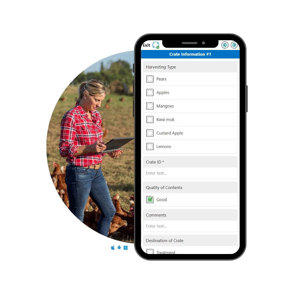 Appenate Harvest report displayed on a mobile phone, alongside a woman in a red plaid shirt using a tablet on a free-range chicken farm.
