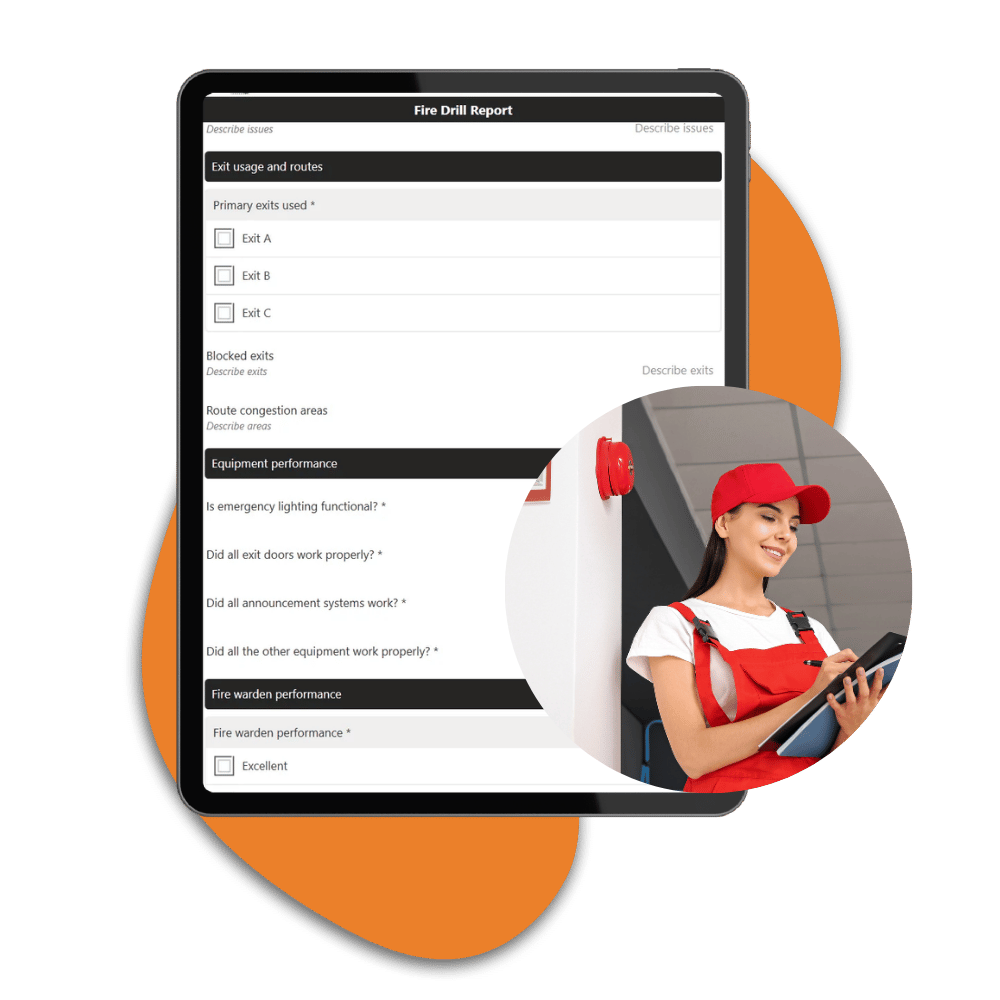 Appenate Fire Drill Report form displayed on a tablet, showing exit usage and routes, equipment performance checks, and fire warden performance rating fields, alongside a woman in red workwear using a tablet near a fire alarm.