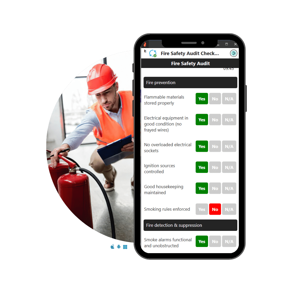 
Appenate Fire Safety Audit checklist displayed on a mobile phone, showing fire prevention and fire detection sections with Yes/No/N/A response buttons, alongside a worker in a red hard hat and hi-vis vest inspecting fire extinguishers.