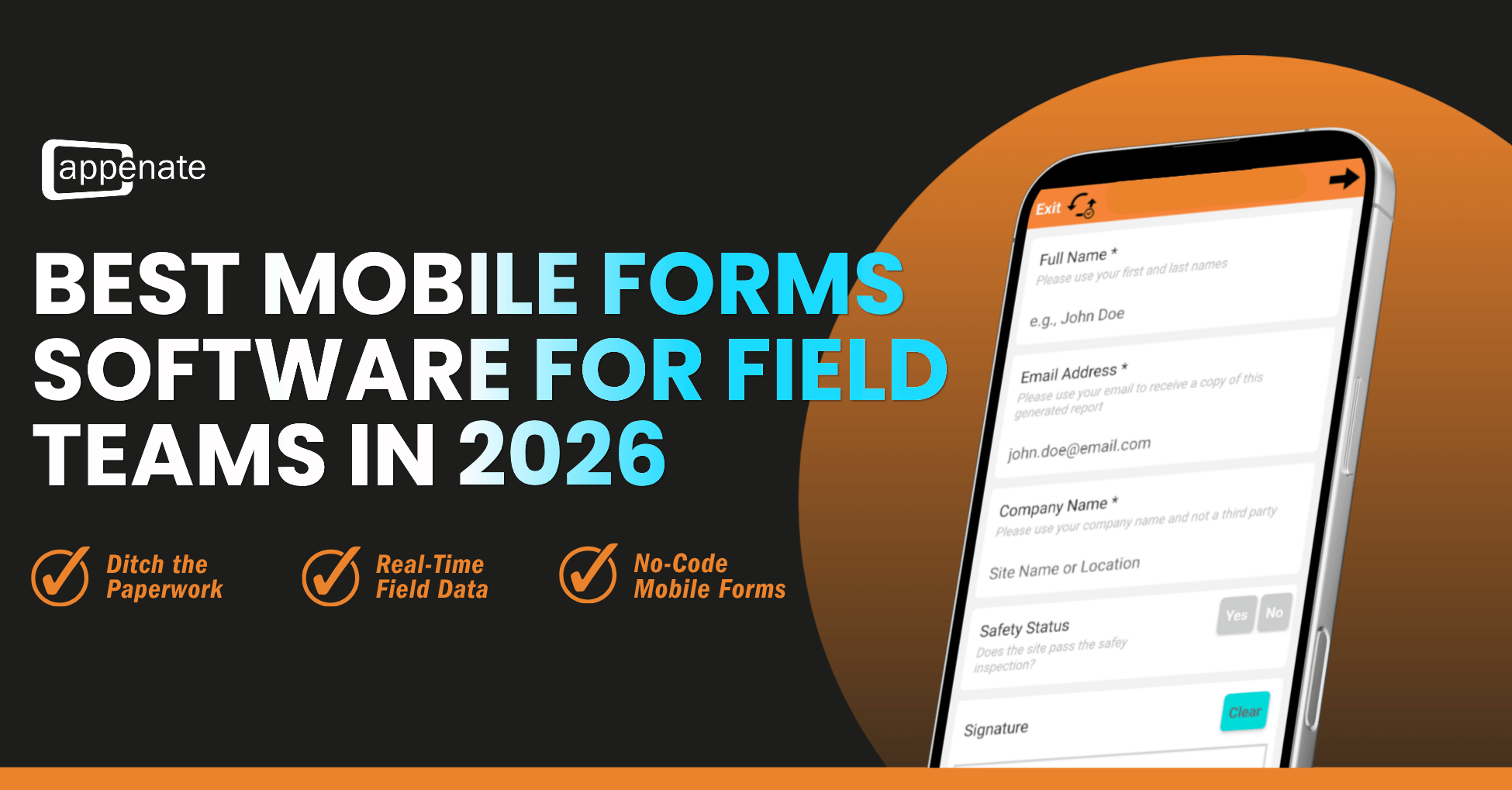 Appenate banner showcasing the best mobile forms software for field teams in 2026, featuring a smartphone displaying a digital safety inspection form with real-time field data features.